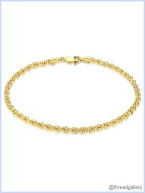 14K Gold Rope Chain Bracelet 3mm Stackable Waterproof Non-Tarnish
